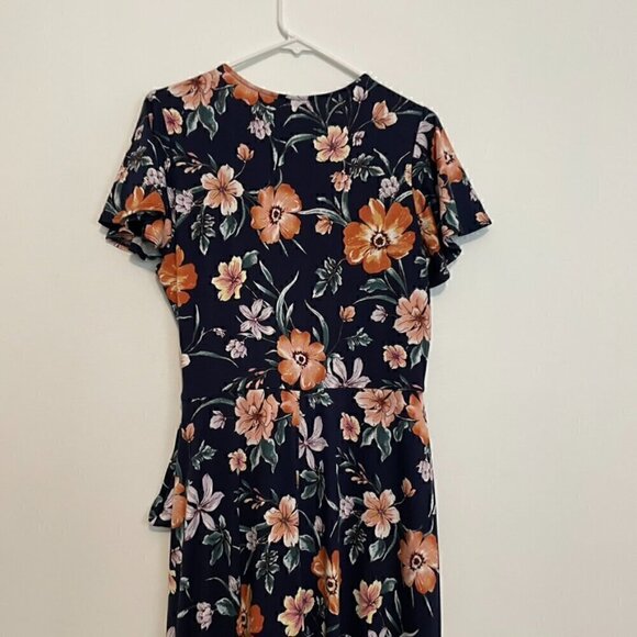 BY & BY / BY&BY Navy Blue Floral Print High Low Hi-Lo Midi Maxi Faux Wrap Dress - Picture 13 of 16